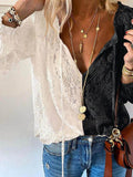 Solid Color V-neck Puff Sleeve Lace Shirt Shopvhs.com