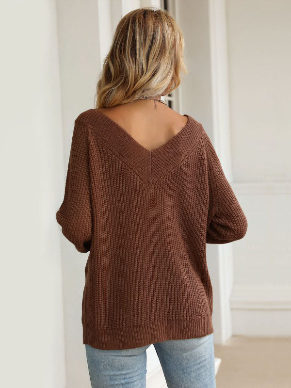 Solid Color v-neck Knitted Sweater Shopvhs.com