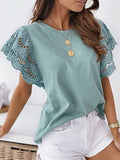Solid Crew Neck Lace Flare Sleeve T-Shirt Shopvhs.com