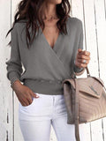 Solid Deep V-Neck Long Sleeve Sweater Shopvhs.com