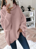 Solid High Collar Long Sleeve Knitted Sweater Shopvhs.com