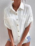 Solid Lapel Button Pocket Mid Sleeve Blouse Shopvhs.com