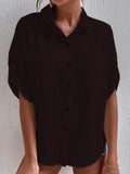 Solid Lapel Button Pocket Mid Sleeve Blouse Shopvhs.com