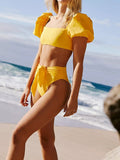 Solid Puff Sleeve Two Piece Swimsuit Shopvhs.com