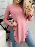 Solid Round Neck Slit Button Long Sleeve T-Shirt Shopvhs.com