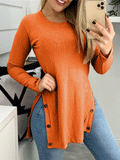 Solid Round Neck Slit Button Long Sleeve T-Shirt Shopvhs.com