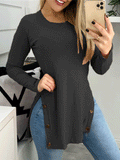 Solid Round Neck Slit Button Long Sleeve T-Shirt Shopvhs.com