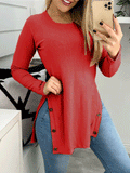 Solid Round Neck Slit Button Long Sleeve T-Shirt Shopvhs.com