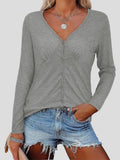 Solid Single-Breasted Pleated Long Sleeve T-Shirt Shopvhs.com