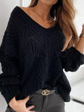 Solid V-Neck Hollow Pullover Long Sleeve Sweater Shopvhs.com