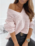 Solid V-Neck Hollow Pullover Long Sleeve Sweater Shopvhs.com