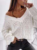 Solid V-Neck Hollow Pullover Long Sleeve Sweater Shopvhs.com