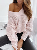 Solid V-Neck Hollow Pullover Long Sleeve Sweater Shopvhs.com