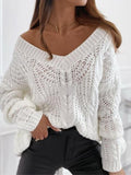 Solid V-Neck Hollow Pullover Long Sleeve Sweater