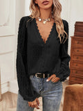 Solid V-Neck Lace Long Sleeve Blouse Shopvhs.com