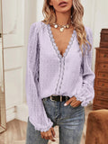 Solid V-Neck Lace Long Sleeve Blouse Shopvhs.com