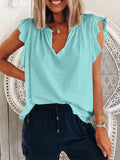 Solid V-Neck Ruffle Short Sleeve T-Shirt Shopvhs.com