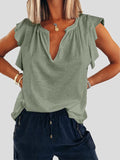 Solid V-Neck Ruffle Short Sleeve T-Shirt Shopvhs.com