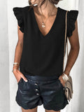 Solid V-Neck Ruffle Sleeve T-Shirt Shopvhs.com