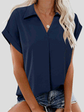 Solid V-Neck Short Sleeve Blouse Shopvhs.com