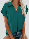 Solid V-Neck Short Sleeve Blouse Shopvhs.com