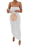 Solid color mesh see-through  halter Pleated dress Shopvhs.com