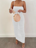 Solid color mesh see-through  halter Pleated dress Shopvhs.com