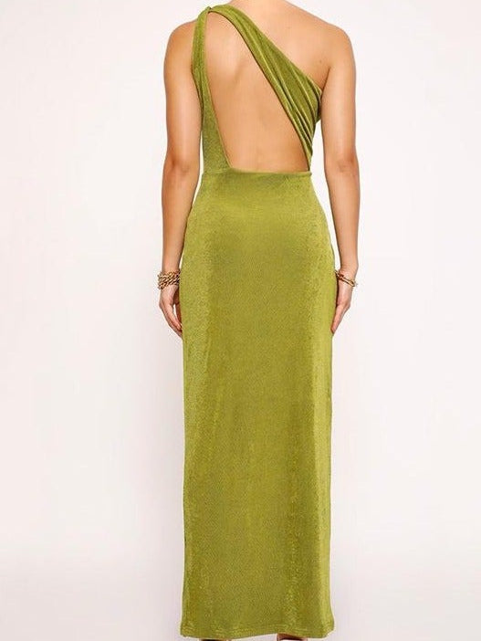 Solid color slant shoulder hollow pleated open long dress Shopvhs.com