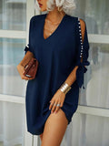 Solid color strapless V-neck beaded short-sleeved loose dress Shopvhs.com