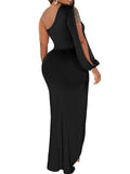 One Shoulder Long Sleeve Split Maxi Dresses