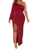 One Shoulder Long Sleeve Split Maxi Dresses