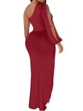 One Shoulder Long Sleeve Split Maxi Dresses