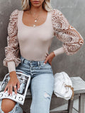 Square Neck Lace Panel Long Sleeve Knit Sweaters Shopvhs.com