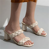 Square Toe Chunky Heel Solid Color Sandals