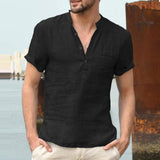 Stand Collar Buttoned Half Open Simple Short Sleeve Shirt Shopvhs.com