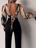 Stand Collar Hollow Balloon Sleeve Bare Back Blouse Shopvhs.com
