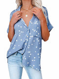 Star Print V-neck Buttoned Bat Short-sleeve Shirt Shopvhs.com