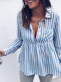 Striped Button Pocket Long Sleeve Blouse Shopvhs.com