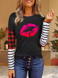 Striped Check Lip Print Long Sleeve T-Shirt Shopvhs.com