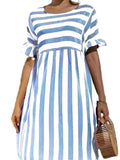 Striped Lotus Leaf Sleeve Mid-Waist Round Neck A-Line Dress Shopvhs.com