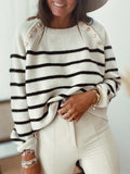 Striped Pullover Shoulder Button Knitted Sweater Shopvhs.com