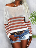 Striped See-Through Round Neck Long Sleeve Sweater Shopvhs.com