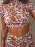 Three-piece set of printed mesh see-through round neck short skirt Shopvhs.com