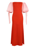 Tube Top Backless Tie Lantern Sleeves Slim Contrast Party Dress Shopvhs.com