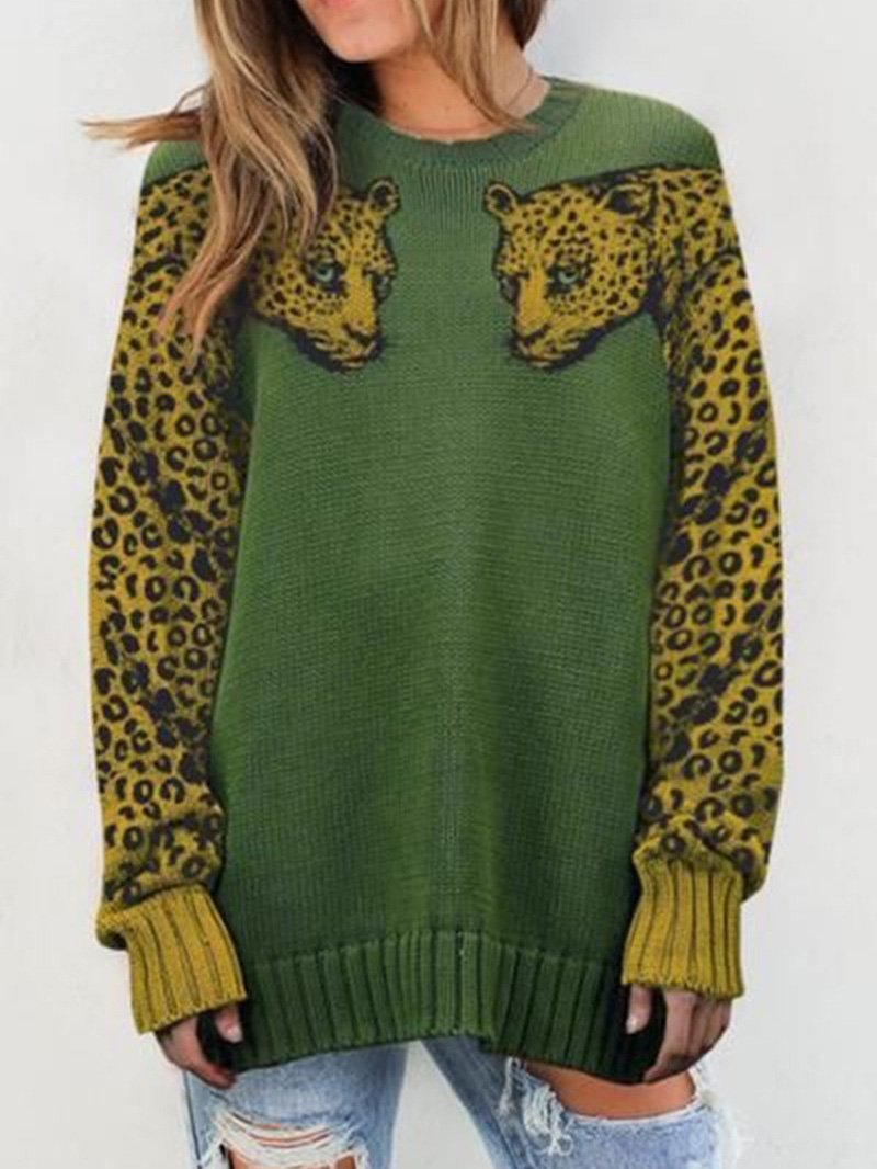Two Leopards Round Neck Long Sleeve Sweater Shopvhs.com