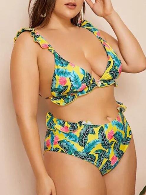 Two-piece Wireless Swimsuit With Enlarged Leaf Print Ruffle Shopvhs.com