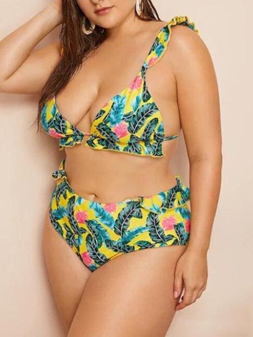 Two-piece Wireless Swimsuit With Enlarged Leaf Print Ruffle Shopvhs.com