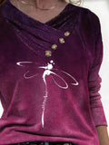 V-Neck Button Dragonfly Print Long Sleeve T-Shirt Shopvhs.com