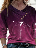 V-Neck Button Dragonfly Print Long Sleeve T-Shirt Shopvhs.com