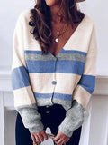 V-Neck Button Stripe Stitching Sweater Cardigan Shopvhs.com